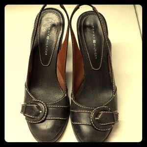 Black sling back shoes with top fancy buckle